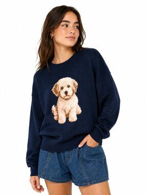 NWT Le Lis Navy Goldendoodle Dog Crew Neck Sweater Small